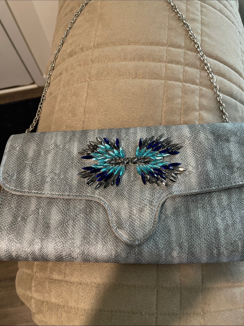 Gianni Bini Silver Clutch with Blue and Teal Crystal Accent